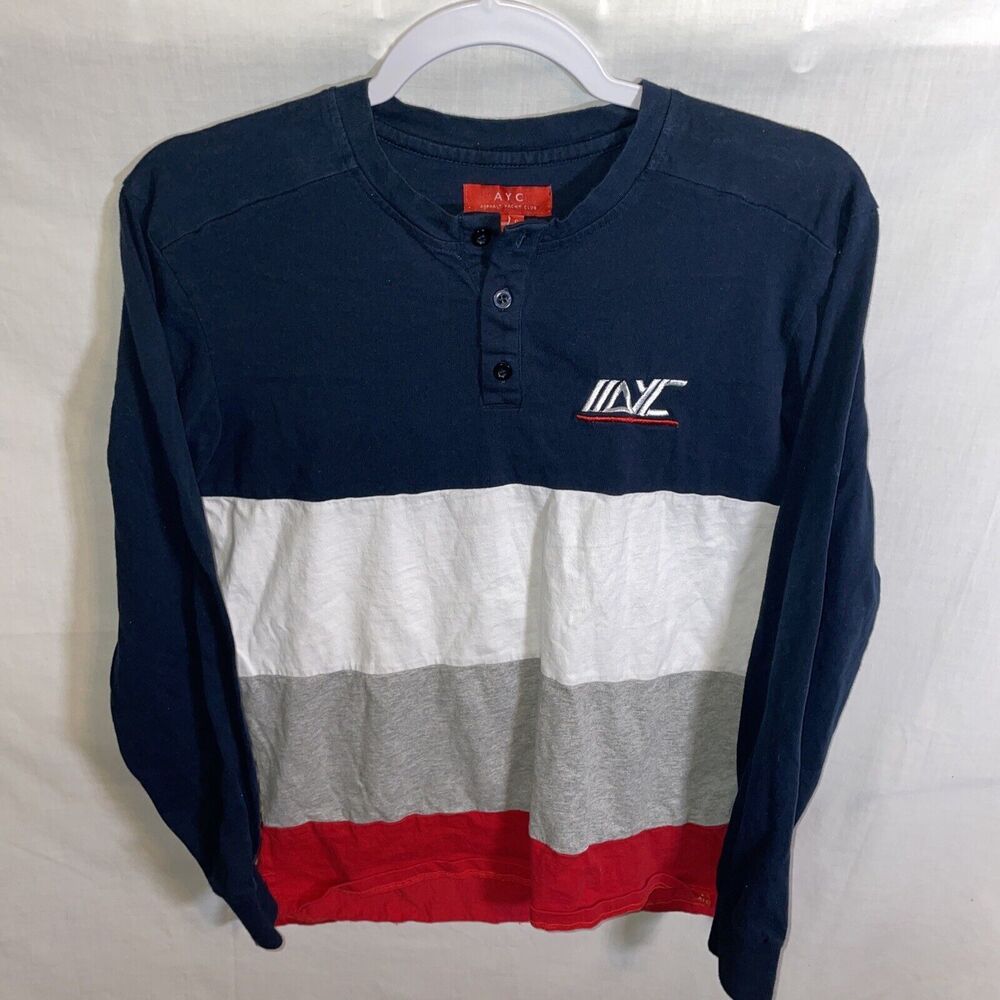 AYC Casual Shirt Men’s Size Small Blue White Red Long Sleeve Pullover Button